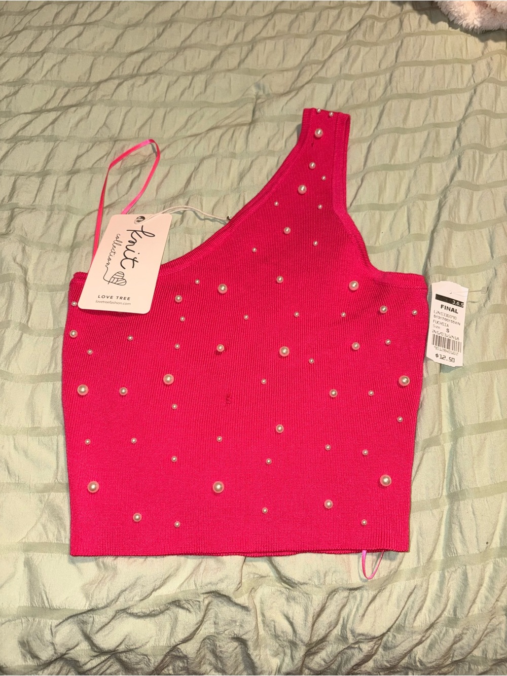 One-Shoulder Pink Pearl-Embellished Knit Crop Top